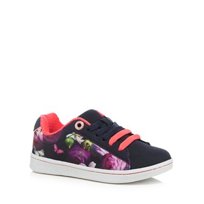 Girls' navy floral print lace up tennis trainers